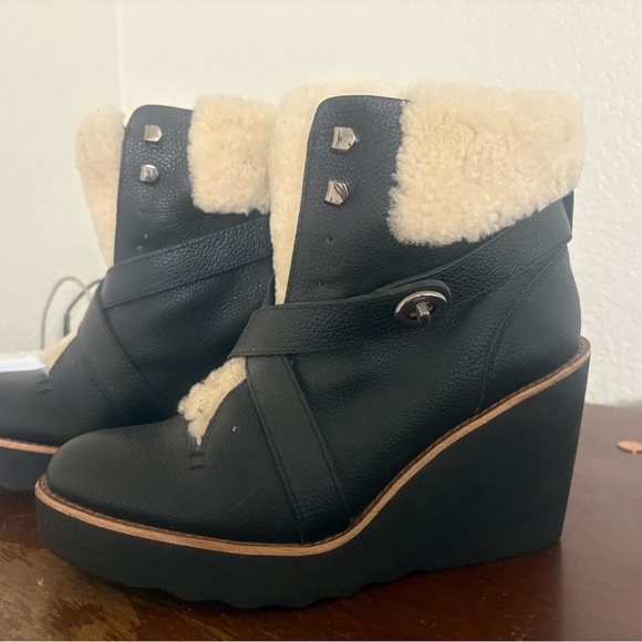 Coach black leathet Kenna Shearling wedge ankle boots (sz 10) - Picture 1 of 7